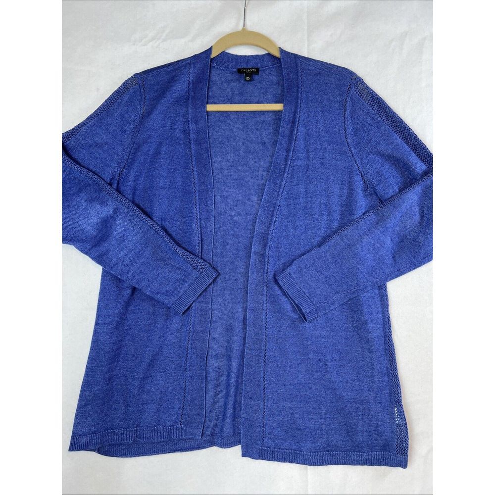 TALBOTS 100% linen blue knit open front cardigan sweater size MP NWOT